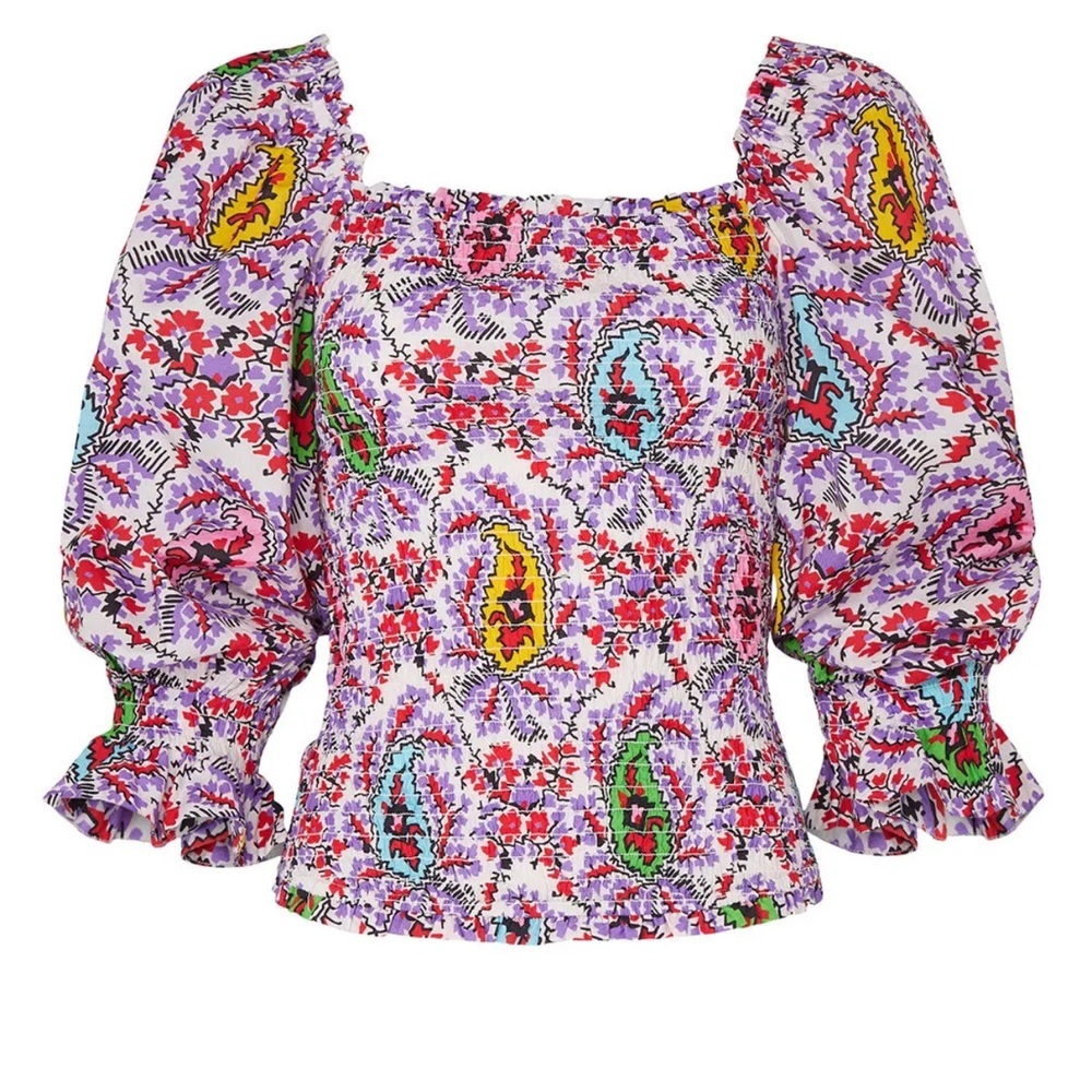 RHODE Alicia Colorful Floral Paisley Puff Sleeve Smocked Top Sz Medium Boho Chic